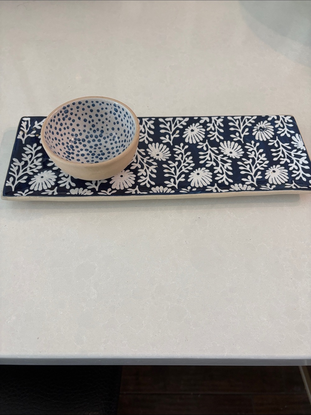 Mud Pie Hand-Painted Blue and White Ceramic Serving Tray with Matching Bowl NWOT